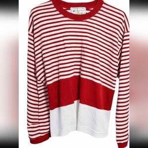Adrienne Vittadini VintageSport Red White Stripe Cotton Top Smocked Back Nautic